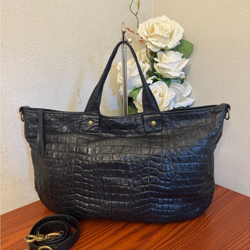 Croc-Embossed Black Leather Tote with Detachable Strap